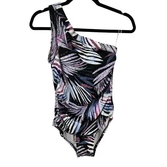 Women's Swim Solutions Black Printed Tummy Control One Shoulder Swimsuit 8 - Picture 3 of 7